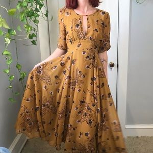Free People Yellow Floral Boho Midi Printed Dress